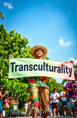 A festive and colorful scene depicting a nisleño (a person from the islands of Puerto Rico) holding a vibrant banner that reads 'Transculturality'