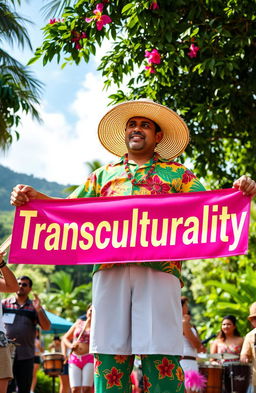 A festive and colorful scene depicting a nisleño (a person from the islands of Puerto Rico) holding a vibrant banner that reads 'Transculturality'