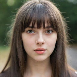 A youthful girl with elegantly cut bangs falling over her expressive eyes.