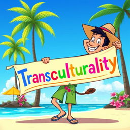 A whimsical cartoon illustration of a nisleño (island inhabitant) joyfully holding a colorful banner that reads 'Transculturality'