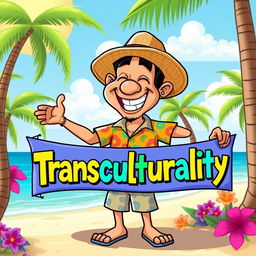 A whimsical cartoon illustration of a nisleño (island inhabitant) joyfully holding a colorful banner that reads 'Transculturality'