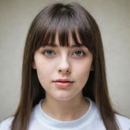 A youthful girl with elegantly cut bangs falling over her expressive eyes.