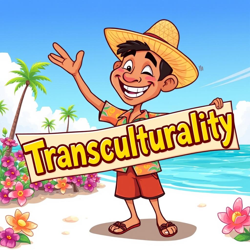 A whimsical cartoon illustration of a nisleño (island inhabitant) joyfully holding a colorful banner that reads 'Transculturality'