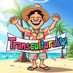 A whimsical cartoon illustration of a nisleño (island inhabitant) joyfully holding a colorful banner that reads 'Transculturality'