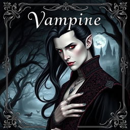 A captivating book cover design featuring a vampire character, with pale skin and striking crimson eyes, dressed in ornate gothic attire