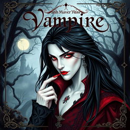 A captivating book cover design featuring a vampire character, with pale skin and striking crimson eyes, dressed in ornate gothic attire