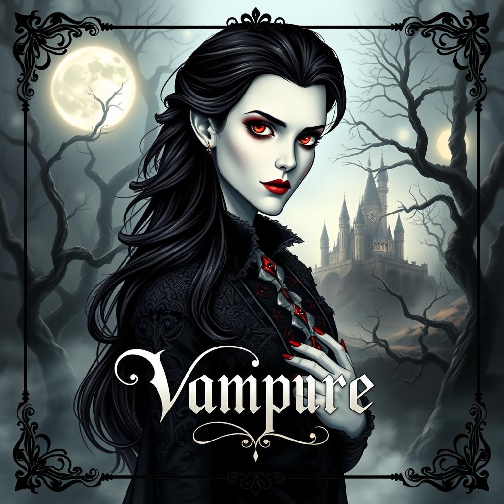 A captivating book cover design featuring a vampire character, with pale skin and striking crimson eyes, dressed in ornate gothic attire