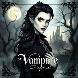 A captivating book cover design featuring a vampire character, with pale skin and striking crimson eyes, dressed in ornate gothic attire