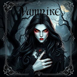 A captivating book cover design featuring a vampire character, with pale skin and striking crimson eyes, dressed in ornate gothic attire