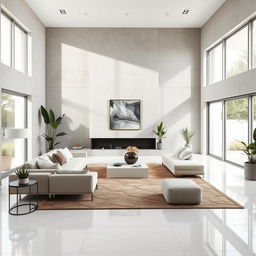 A stylish living room featuring polished white stone flooring and microcement walls