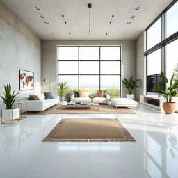 A stylish living room featuring polished white stone flooring and microcement walls