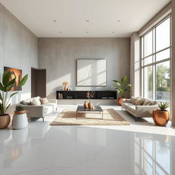 A stylish living room featuring polished white stone flooring and microcement walls