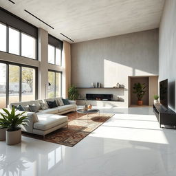 A stylish living room featuring polished white stone flooring and microcement walls