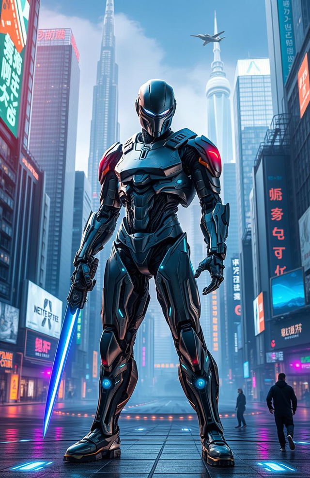 A futuristic cyborg standing boldly in the center of a next-generation city