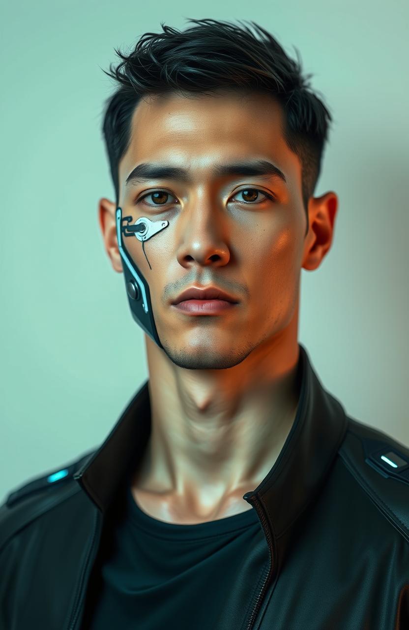 A passport-size portrait of a human man with distinct features of a cyborg, showcasing a blend of organic human elements and mechanical enhancements