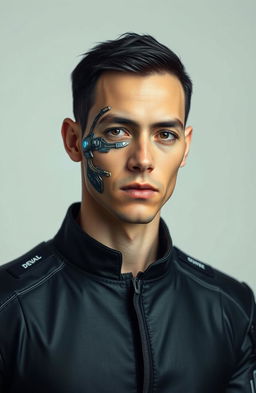 A passport-size portrait of a human man with distinct features of a cyborg, showcasing a blend of organic human elements and mechanical enhancements