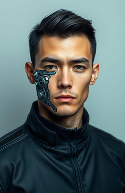 A passport-size portrait of a human man with distinct features of a cyborg, showcasing a blend of organic human elements and mechanical enhancements