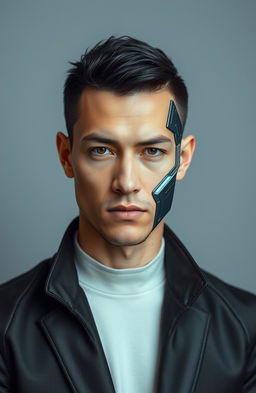 A passport-size portrait of a human man with distinct features of a cyborg, showcasing a blend of organic human elements and mechanical enhancements