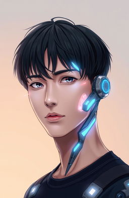 A human man in a passport-size photo pose, featuring a half-cyborg design inspired by anime aesthetics