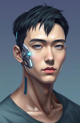 A human man in a passport-size photo pose, featuring a half-cyborg design inspired by anime aesthetics