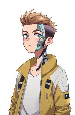 A passport-sized photograph of a human man in a half-cyborg design, combining anime and cartoon styles