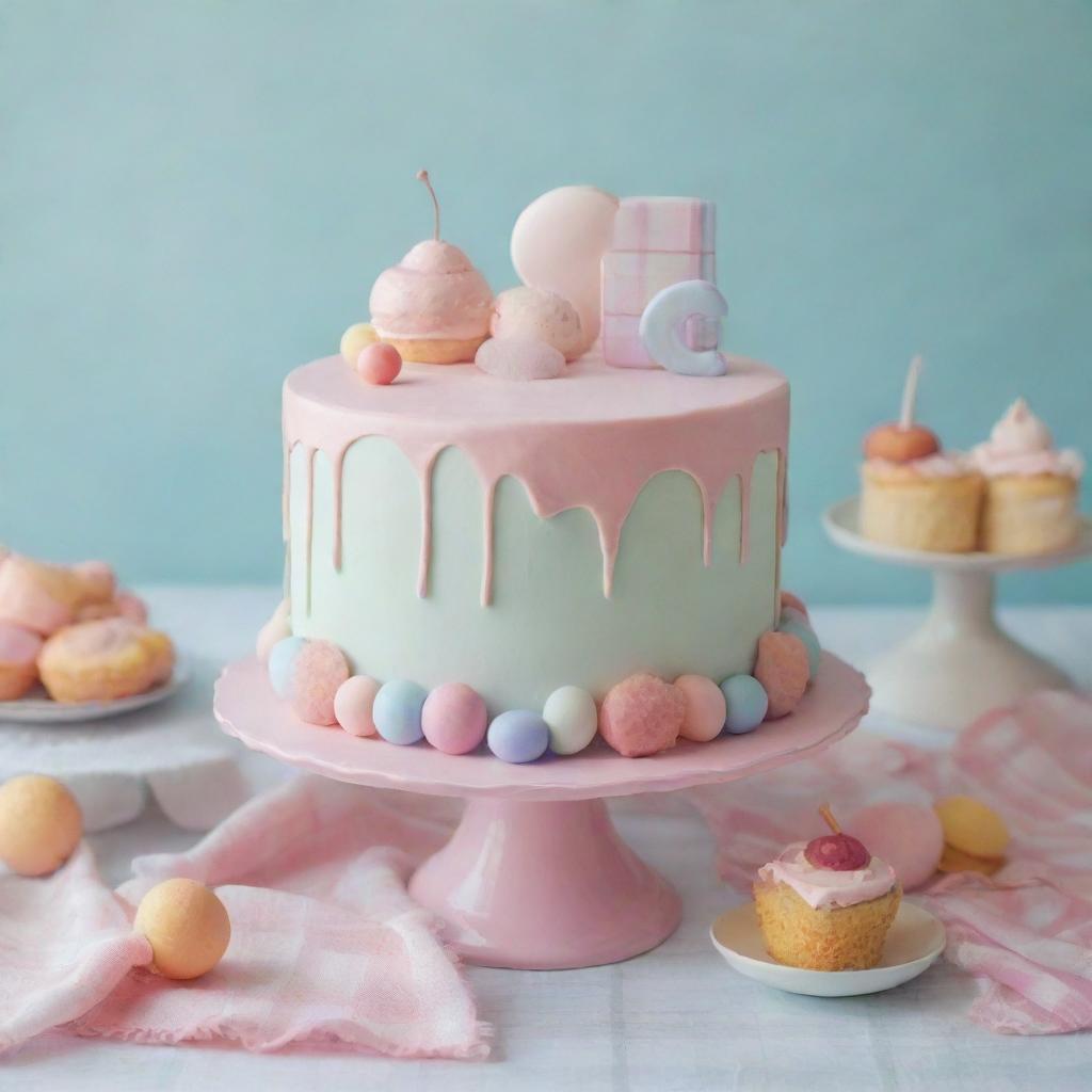 An aesthetically pleasing, stylized cake in pastel colors, adorned with a variety of cute accessories. The cake is set on a plaid tablecloth, styled in a slightly abstract or surreal manner.