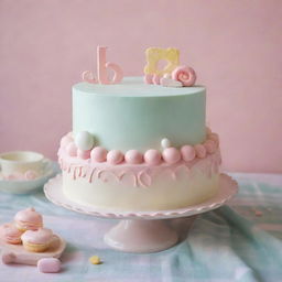 An aesthetically pleasing, stylized cake in pastel colors, adorned with a variety of cute accessories. The cake is set on a plaid tablecloth, styled in a slightly abstract or surreal manner.