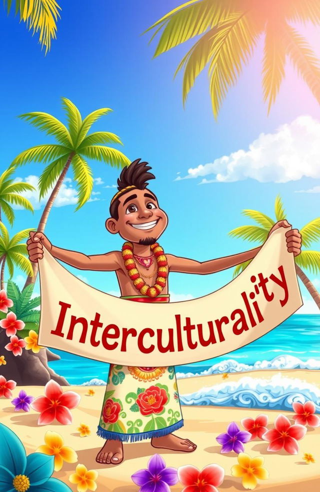 A cartoon of an islander wearing a colorful, traditional outfit, standing proudly on a sunny, vibrant beach