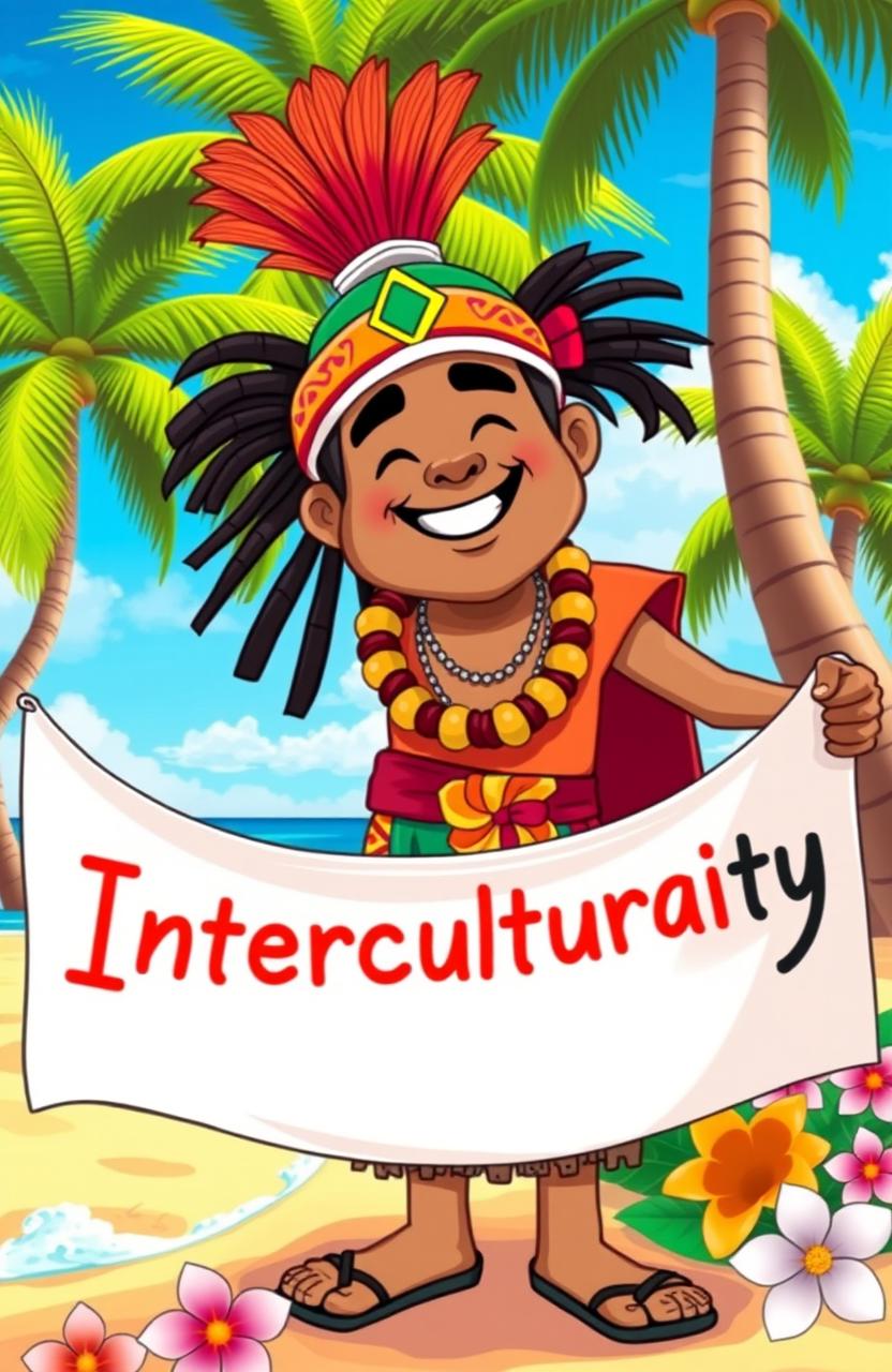A cartoon of an islander wearing a colorful, traditional outfit, standing proudly on a sunny, vibrant beach