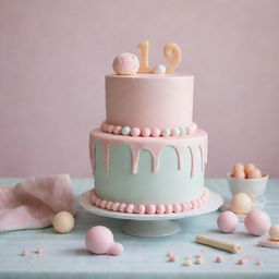 An aesthetically pleasing, stylized cake in pastel colors, adorned with a variety of cute accessories. The cake is set on a plaid tablecloth, styled in a slightly abstract or surreal manner.