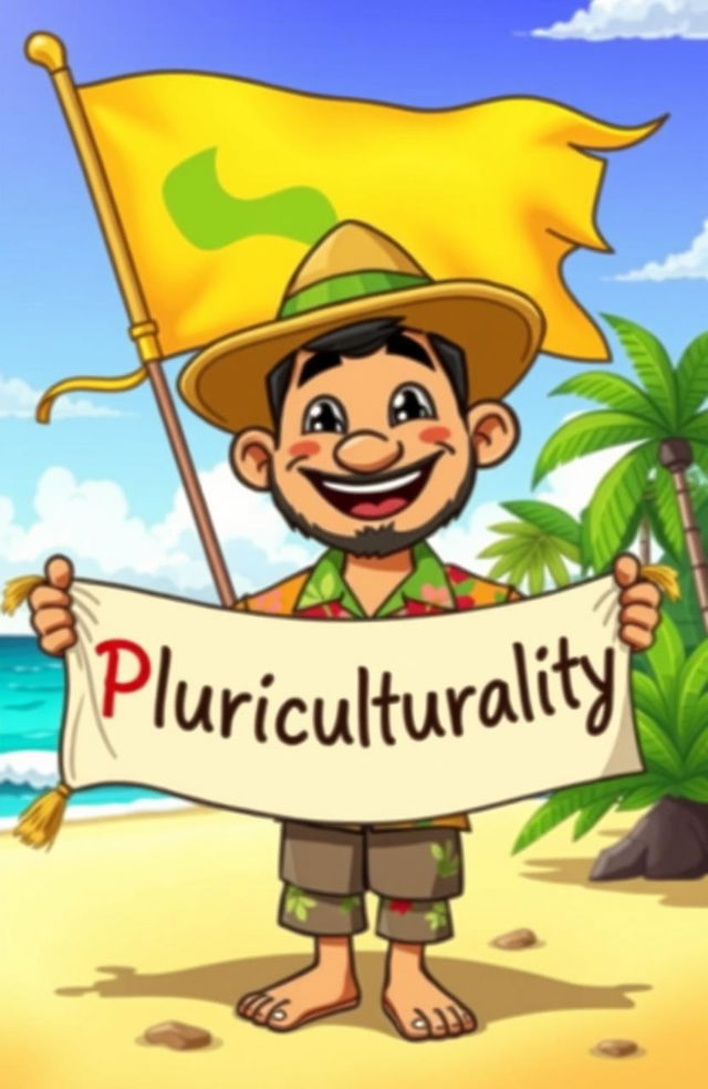 A colorful cartoon of an islander with a big, friendly smile holding a banner that says 'Pluriculturality'