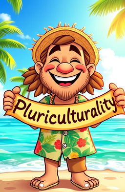 A colorful cartoon of an islander with a big, friendly smile holding a banner that says 'Pluriculturality'