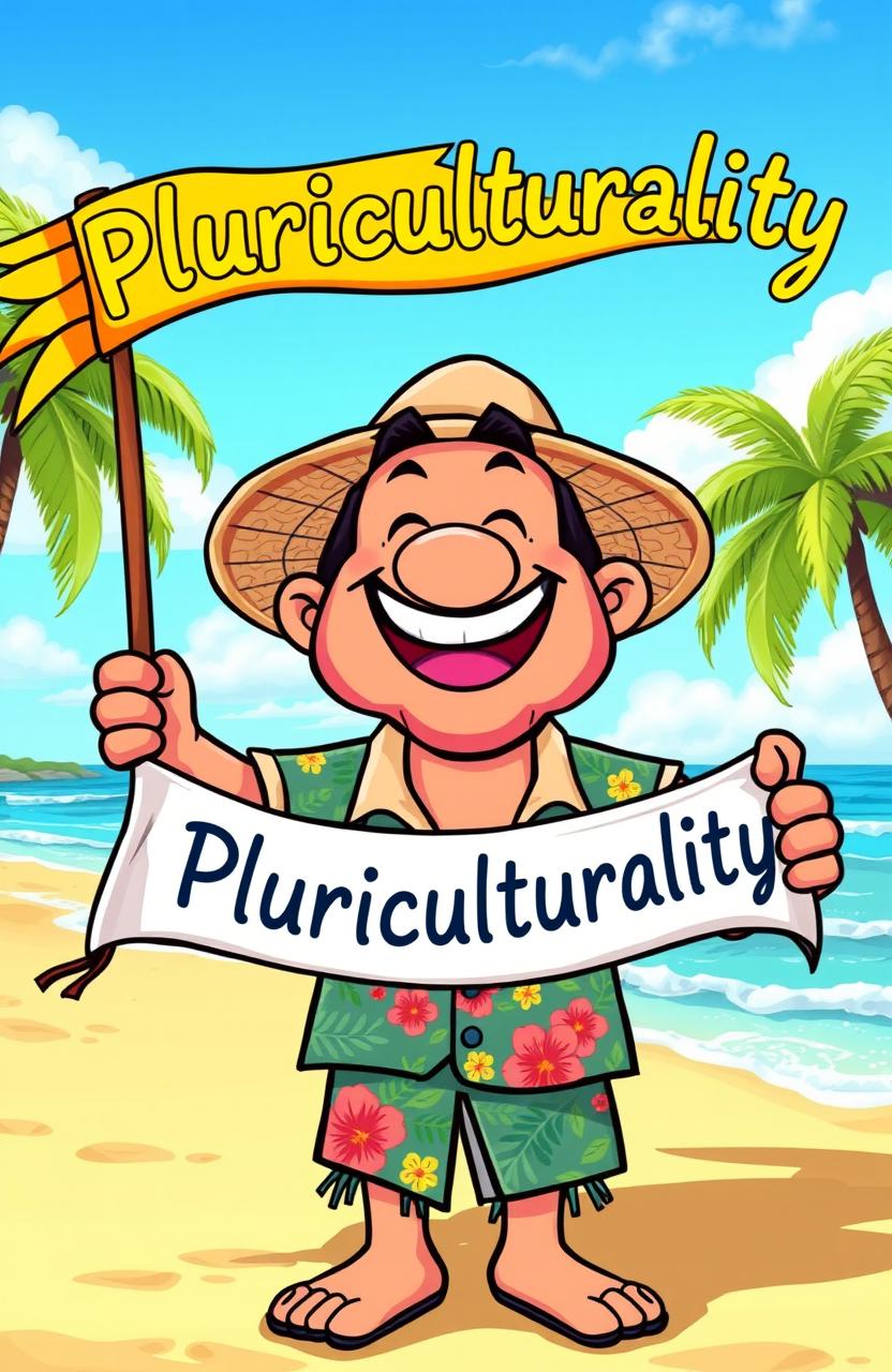 A colorful cartoon of an islander with a big, friendly smile holding a banner that says 'Pluriculturality'