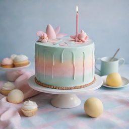 An aesthetically pleasing, stylized cake in pastel colors, adorned with a variety of cute accessories. The cake is set on a plaid tablecloth, styled in a slightly abstract or surreal manner.