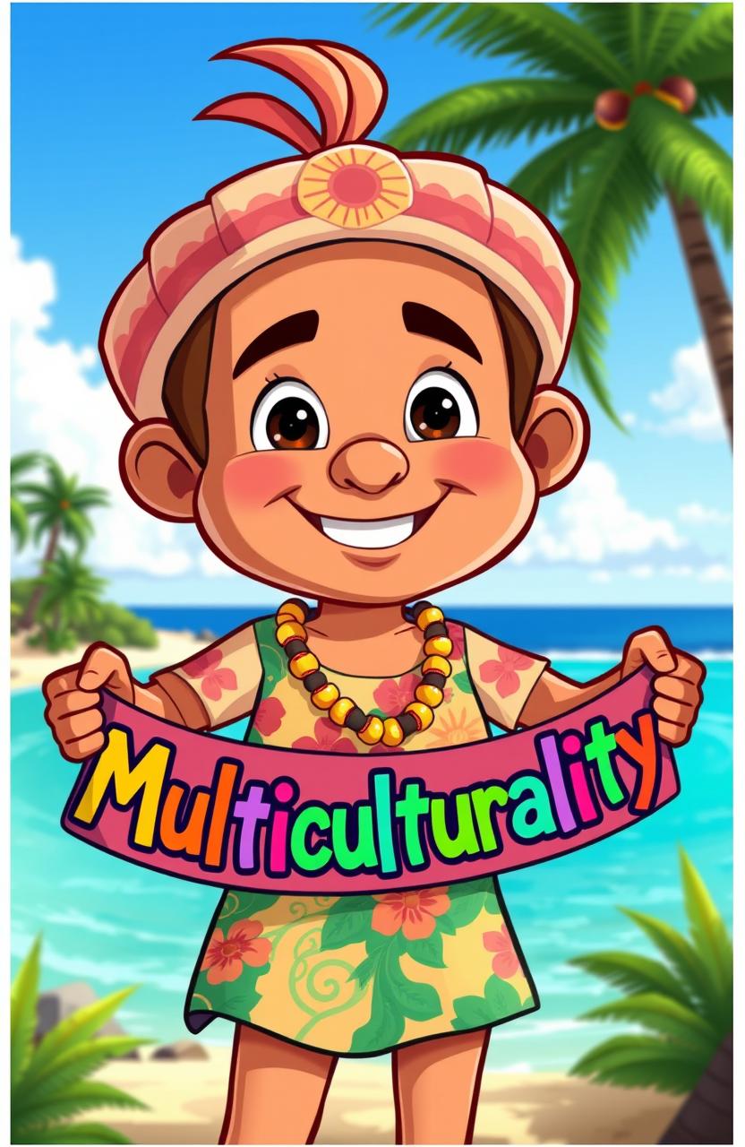 A cartoon character of an islander with a cheerful expression, wearing traditional island attire, such as a brightly colored sarong and a floral shirt