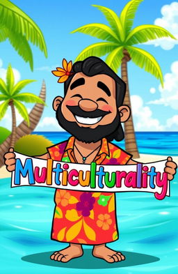 A cartoon character of an islander with a cheerful expression, wearing traditional island attire, such as a brightly colored sarong and a floral shirt