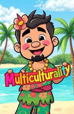 A cartoon character of an islander with a cheerful expression, wearing traditional island attire, such as a brightly colored sarong and a floral shirt