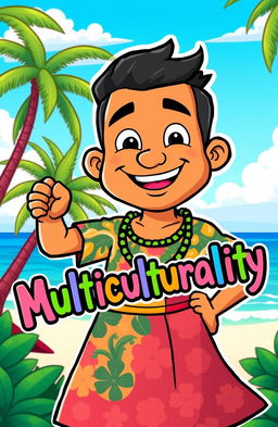 A cartoon character of an islander with a cheerful expression, wearing traditional island attire, such as a brightly colored sarong and a floral shirt