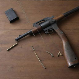 A meticulously arranged bow and arrow alongside a pistol with bullets, elegantly placed on a wooden table.