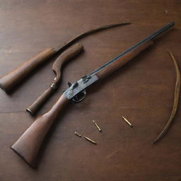 A meticulously arranged bow and arrow alongside a pistol with bullets, elegantly placed on a wooden table.