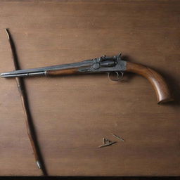 A meticulously arranged bow and arrow alongside a pistol with bullets, elegantly placed on a wooden table.