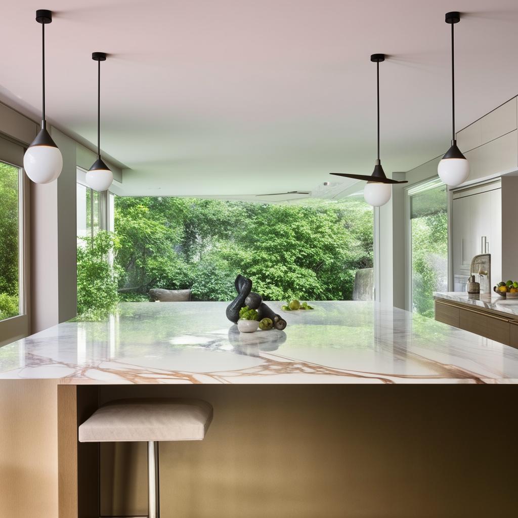 A well-lit modern kitchen with sleek kitchen appliances, a marble countertop, bar stools at the island, and a large window overlooking a garden.