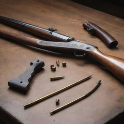 A meticulously arranged bow and arrow alongside a pistol with bullets, elegantly placed on a wooden table.