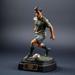 A miniature sculpture of Cristiano Ronaldo in an iconic pose, showcasing his athletic physique and signature hairstyle