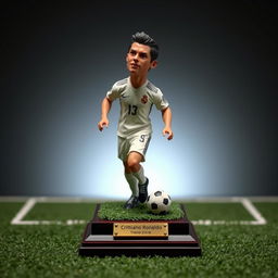 A miniature sculpture of Cristiano Ronaldo in an iconic pose, showcasing his athletic physique and signature hairstyle