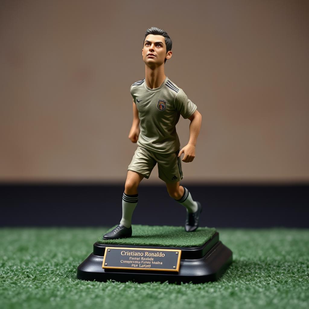 A miniature sculpture of Cristiano Ronaldo in an iconic pose, showcasing his athletic physique and signature hairstyle