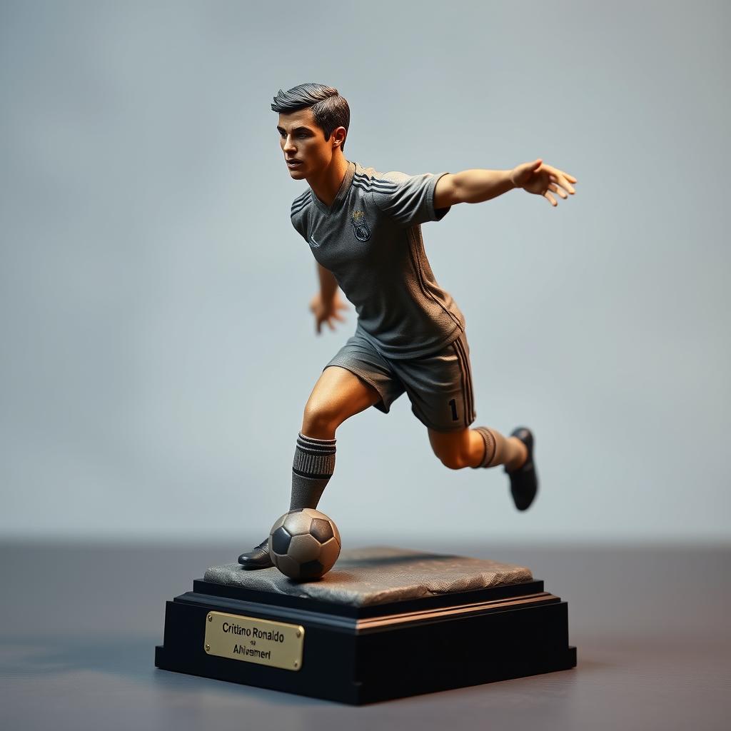 A miniature sculpture of Cristiano Ronaldo in an iconic pose, showcasing his athletic physique and signature hairstyle