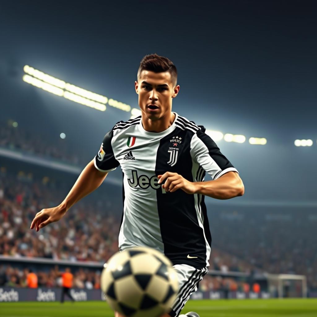 A high-energy portrait of Cristiano Ronaldo, capturing him in mid-action as he dribbles a football down the field