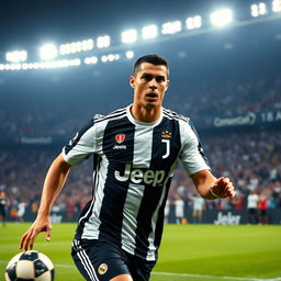 A high-energy portrait of Cristiano Ronaldo, capturing him in mid-action as he dribbles a football down the field