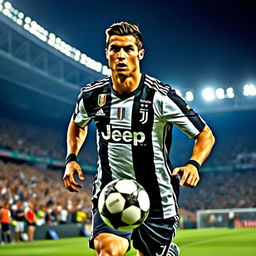 A high-energy portrait of Cristiano Ronaldo, capturing him in mid-action as he dribbles a football down the field